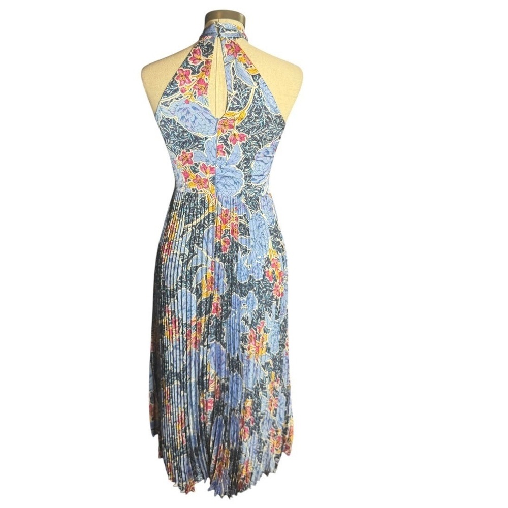 Maggy London Blue Floral Halter Pleated Handkerchief Hem Midi Dress Size 0 - Picture 3 of 8
